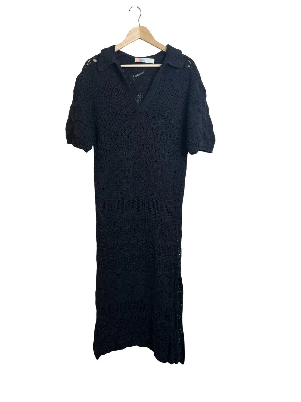 FP Beach Islamorada Crochet Knit Midi Dress Dark Blue Collared Cover Up Size S